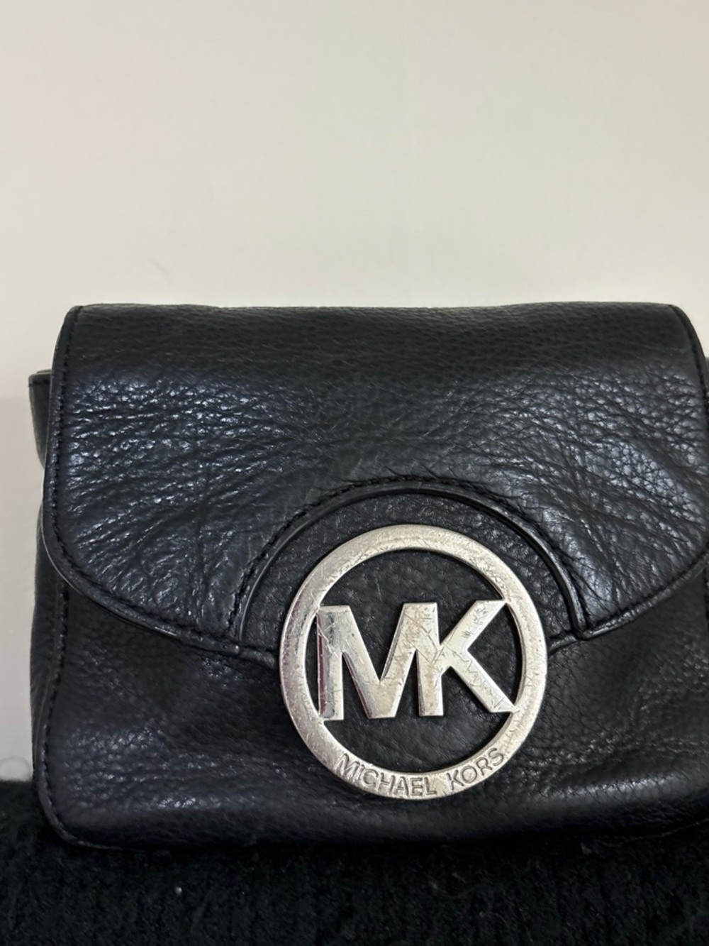 Michael Kors Black Pebbled Leather Mini Crossbody with Silver MK Emblem